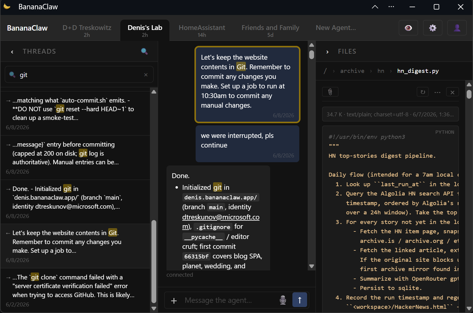 Desktop layout with threads, chat, and files side by side